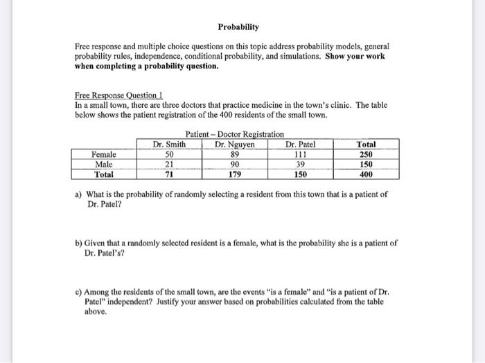 Solved Probability Free Response And Multiple Choice | Chegg.com