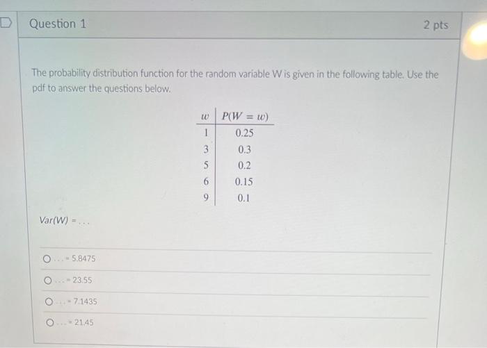 Solved D Question 1 2 pts The probability distribution | Chegg.com