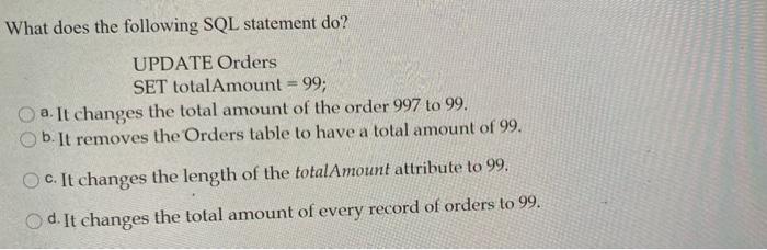 Solved What will be returned when the following SQL | Chegg.com