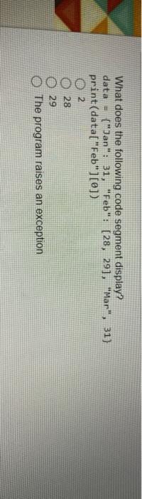 Solved What does the following code segment display? data = | Chegg.com
