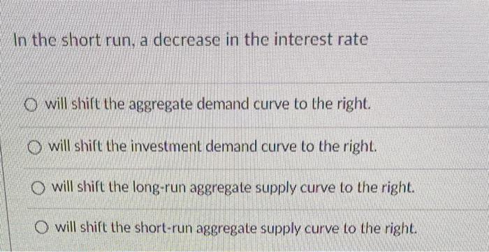 Solved In the short run, a decrease in the interest rate | Chegg.com