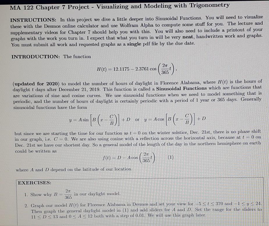 MA 122 Chapter 7 Project - Visualizing and Modeling | Chegg.com