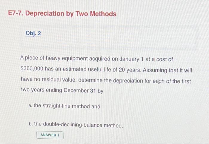 Solved E7-7. Depreciation by Two Methods Obj. 2 A piece of | Chegg.com