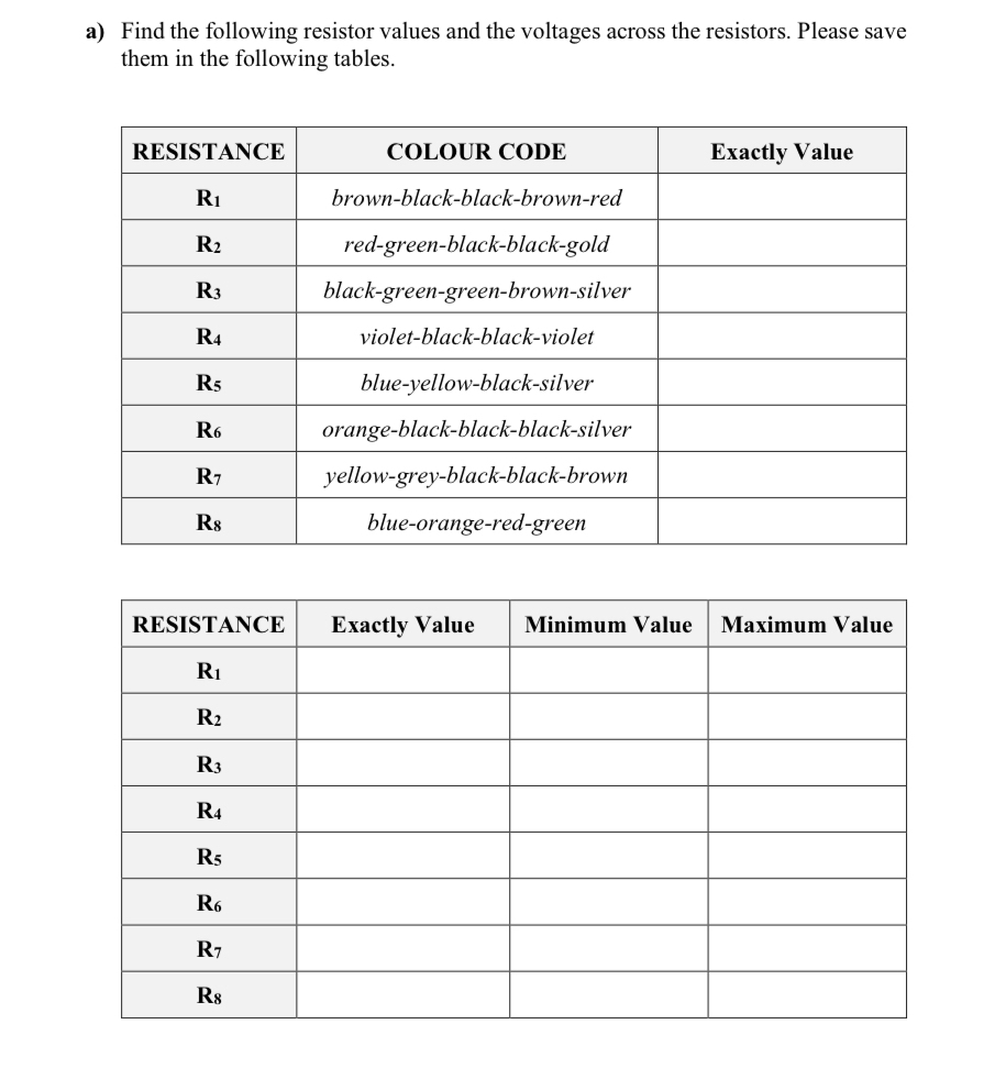 Solved a) ﻿Find the following resistor values and the