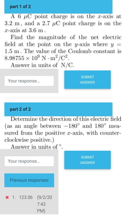 Solved part 1 of 2 A 6 C point charge is on the x-axis at | Chegg.com