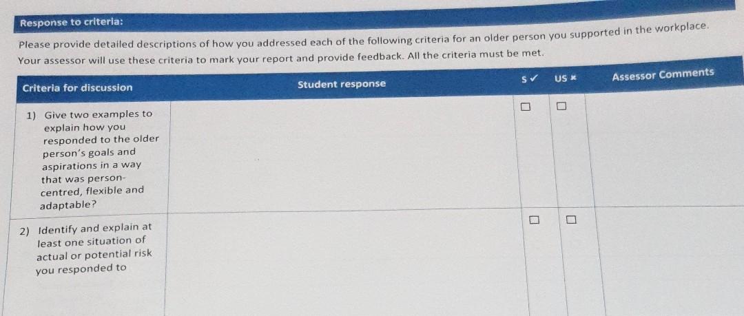 Response to criteria: Please provide detailed descriptions of how you addressed each of the following criteria for an older p