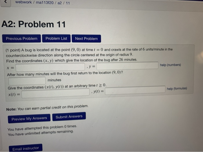 Solved webwork / ma113f20 / a2 / 11 A2: Problem 11 Previous | Chegg.com