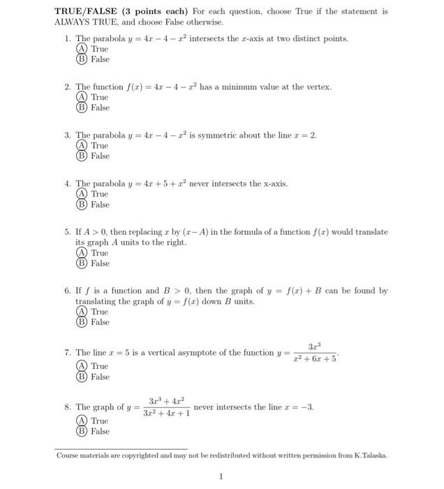 Solved TRUE/FALSE (3 points each) For each question, choose | Chegg.com