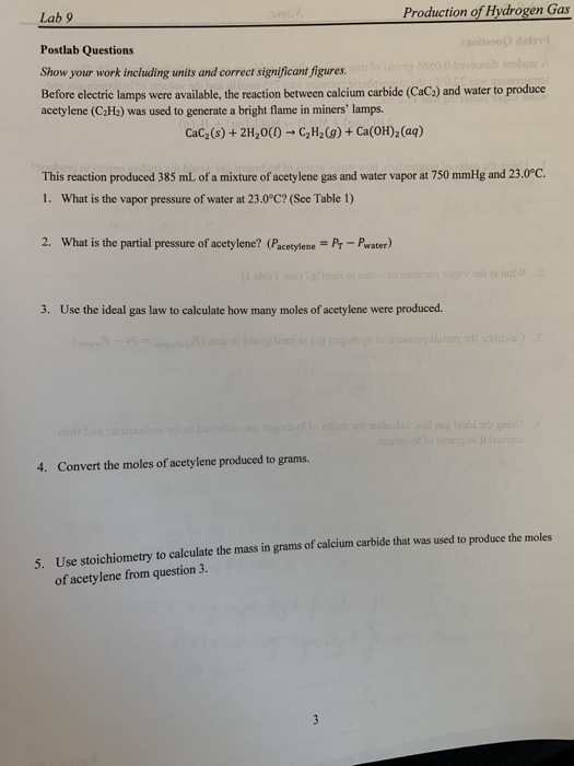 Solved Lab 9 Production of Hydrogen Gas Postlab Questions 2)