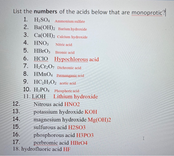 Solved no to List the numbers of the acids below that are | Chegg.com