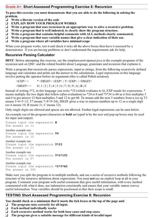 Grade A+: Short Assessed Programming Exercise 8: | Chegg.com