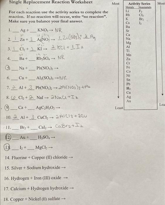 Solved Single Replacement Reaction Worksheet For each | Chegg.com