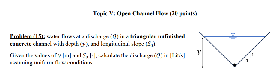 Solved Topic V: Open Channel Flow (20 ﻿points)Problem (15): | Chegg.com