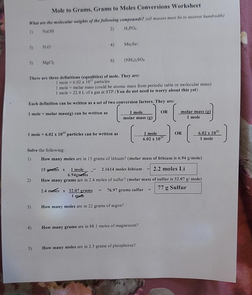 Solved Mole to Grams, Grams to Moles Conversions Worksheet  Chegg.com In Molar Conversion Worksheet Answers