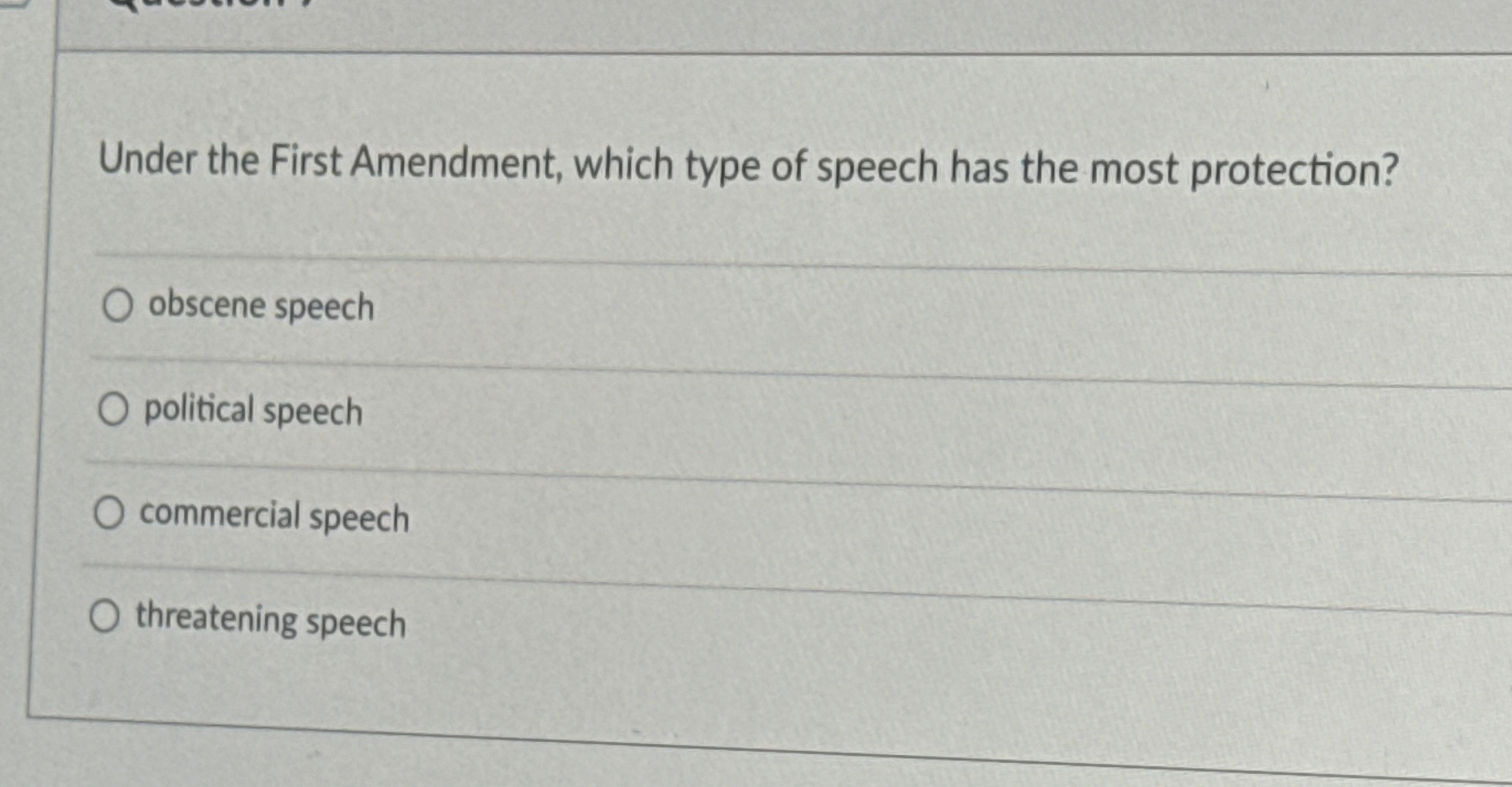 Solved Under the First Amendment, which type of speech has | Chegg.com