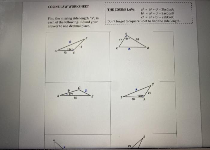 Solved COSINE LAW WORKSHEET THE COSINE LAW: a +-2bcCosa | Chegg.com