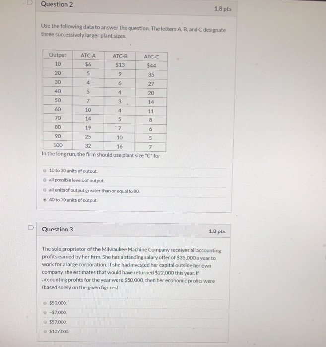 Solved Question 2 1.8 Pts Use The Following Data To Answer | Chegg.com