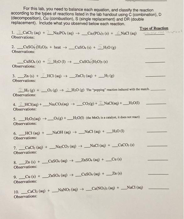 Solved For this lab, you need to balance each equation, and | Chegg.com