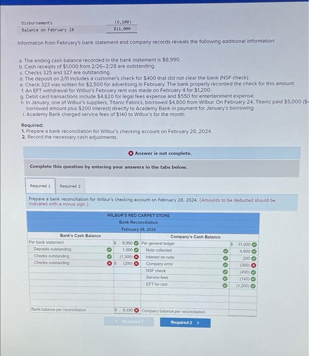 Solved Wilbur's Red Carpet Store maintains a checking