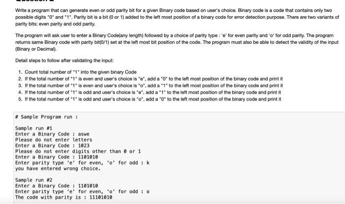 Solved Write a program that can generate even or odd parity | Chegg.com