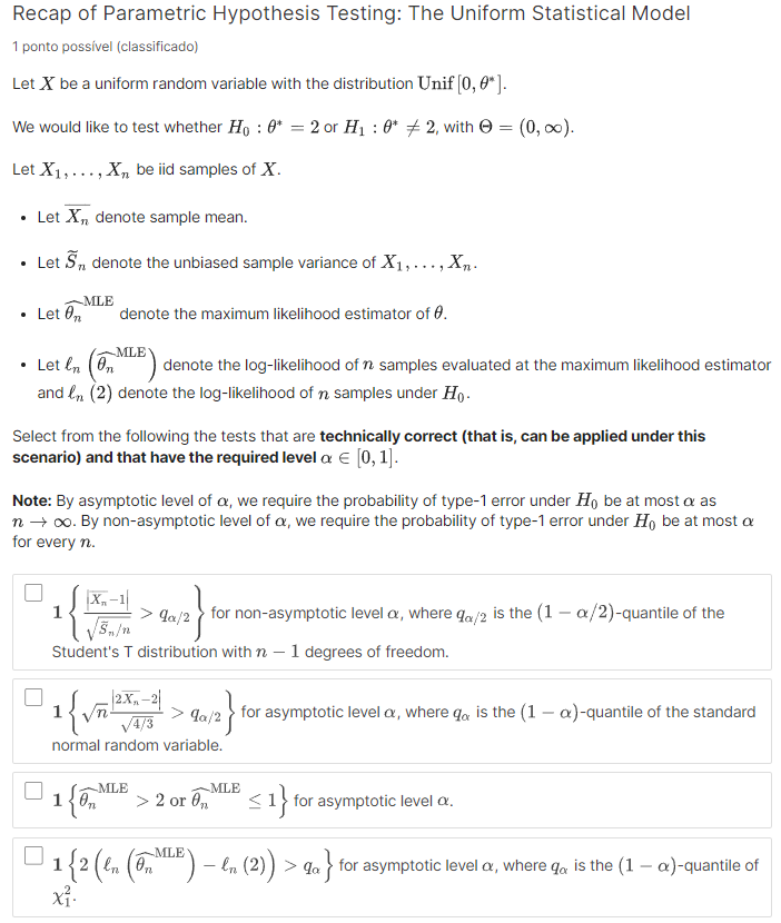 Solved Recap of Parametric Hypothesis Testing: The Uniform | Chegg.com