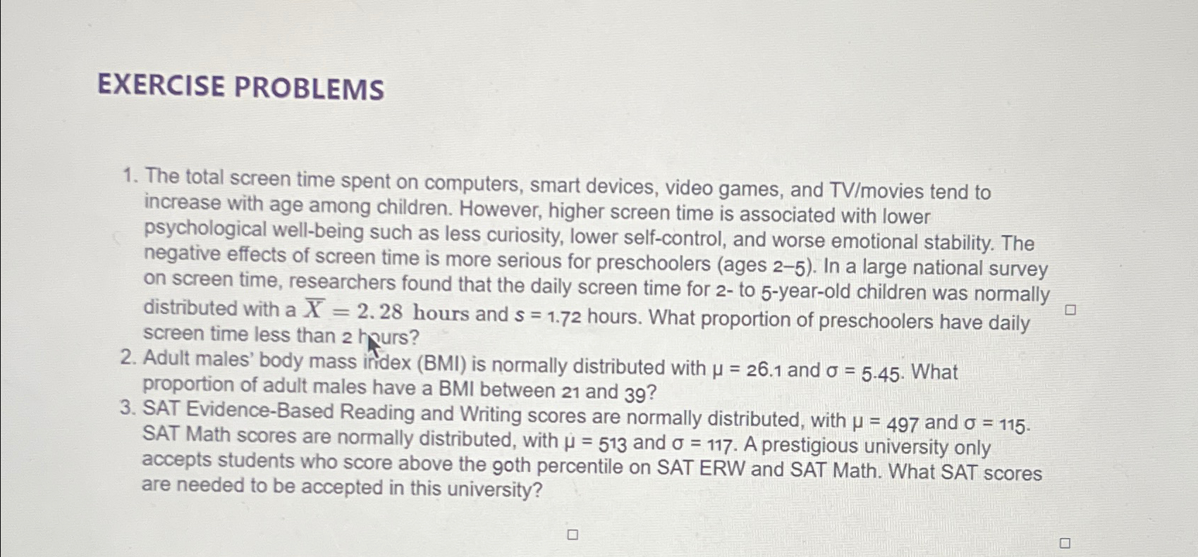 Solved EXERCISE PROBLEMSThe total screen time spent on | Chegg.com