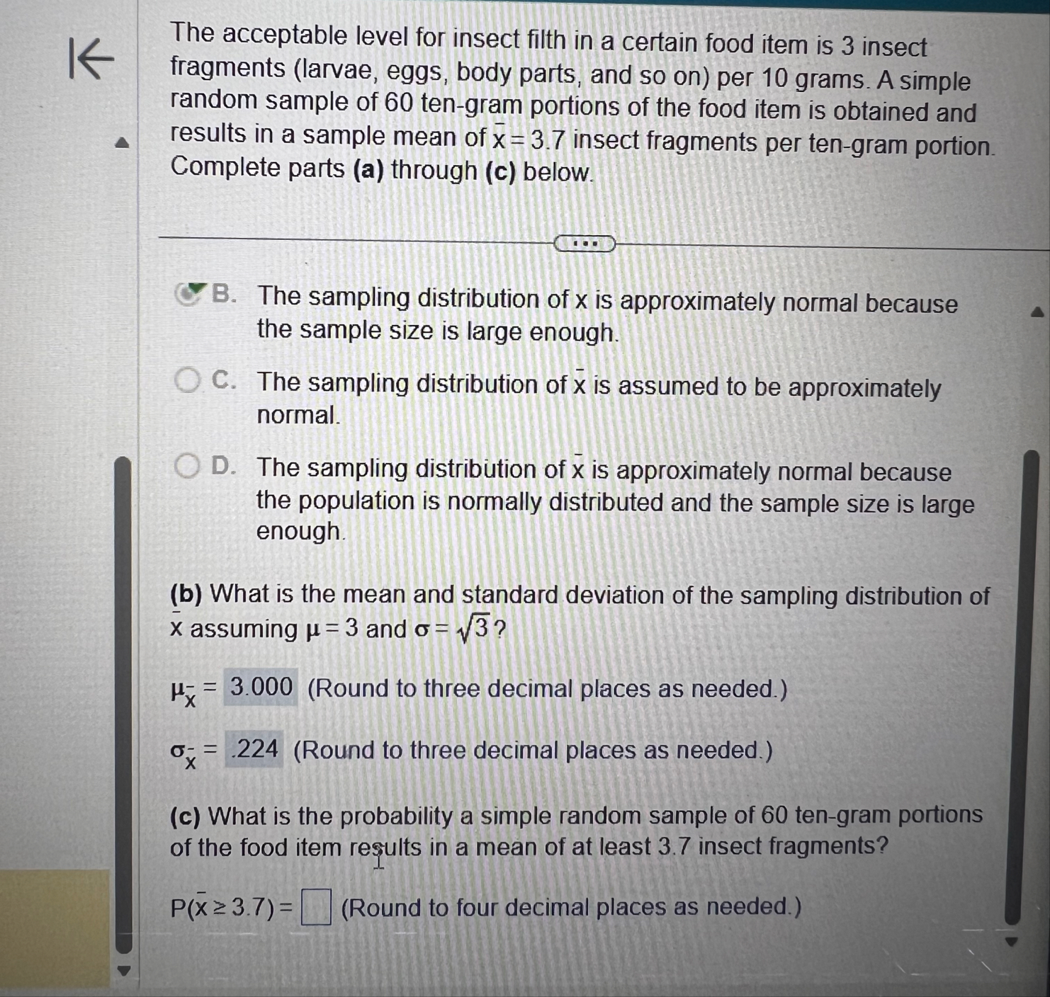 Solved The acceptable level for insect filth in a certain | Chegg.com