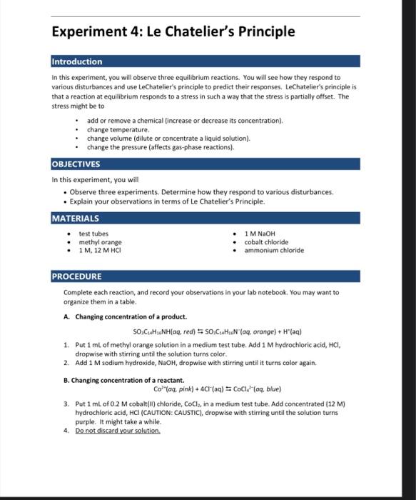 Solved Experiment 4 Le Chatelier's Principle Introduction