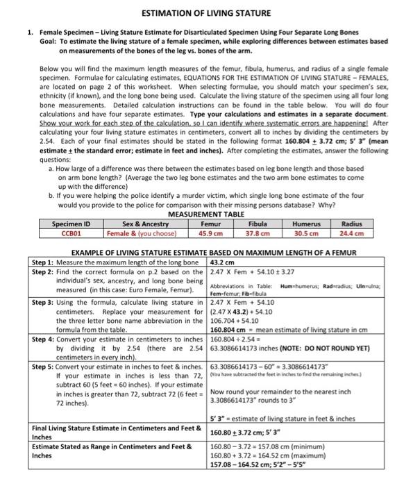 Estimation Of Living Stature 1 Female Specimen Chegg Com