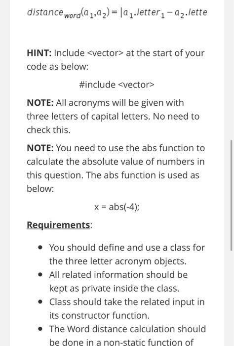 Solved distance word(a 1,22) = |a 1.letter 1 - az.lette | Chegg.com