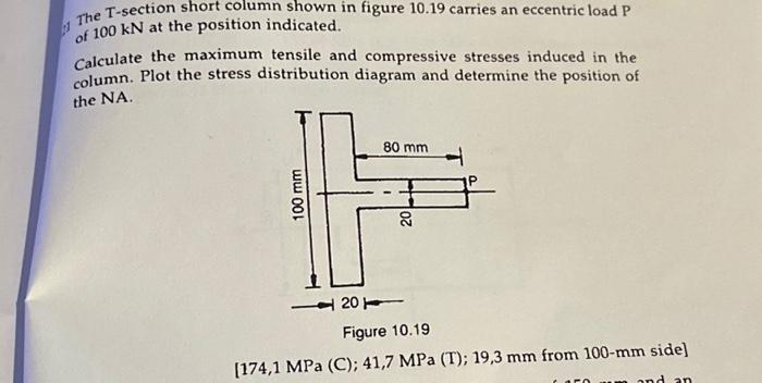 The T-section short column shown in figure 10.19 carries an eccentric load \( P \) of \( 100 \mathrm{kN} \) at the position i