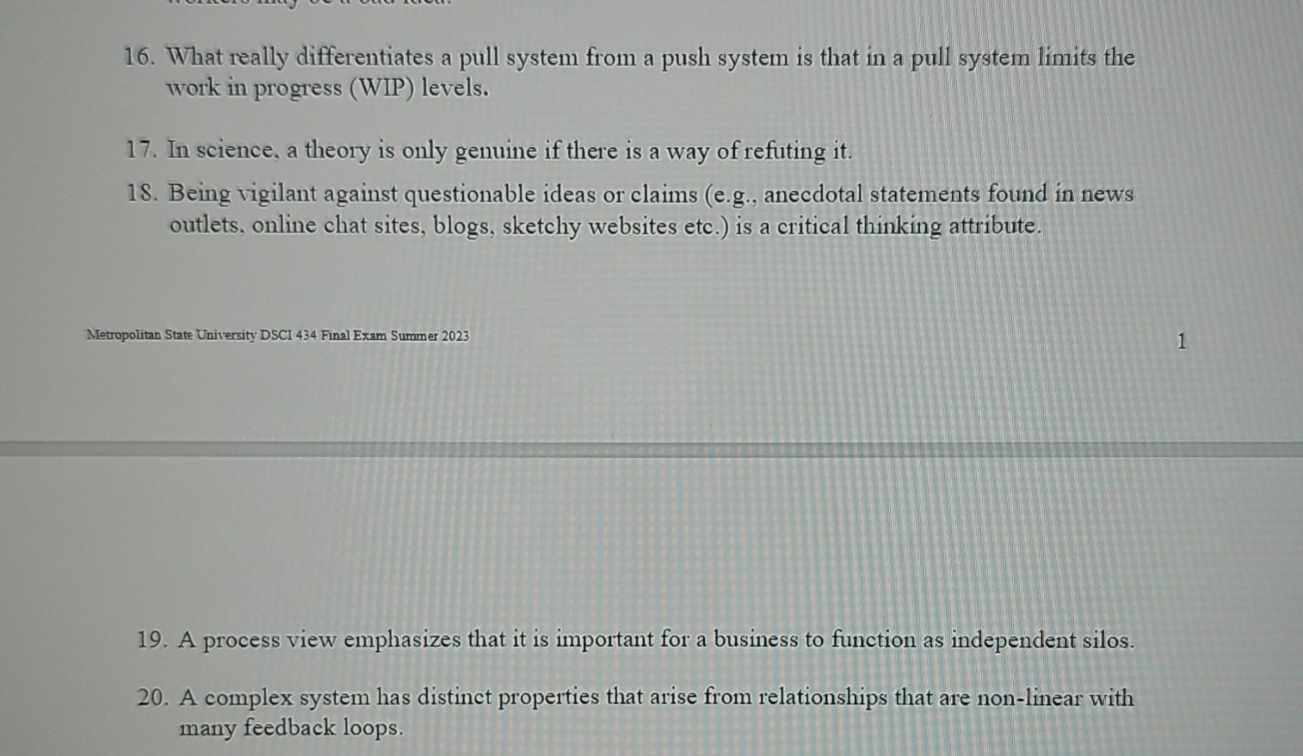 One Point Per Question Solved True False (one point each or 20 points total) 1. The | Chegg.com