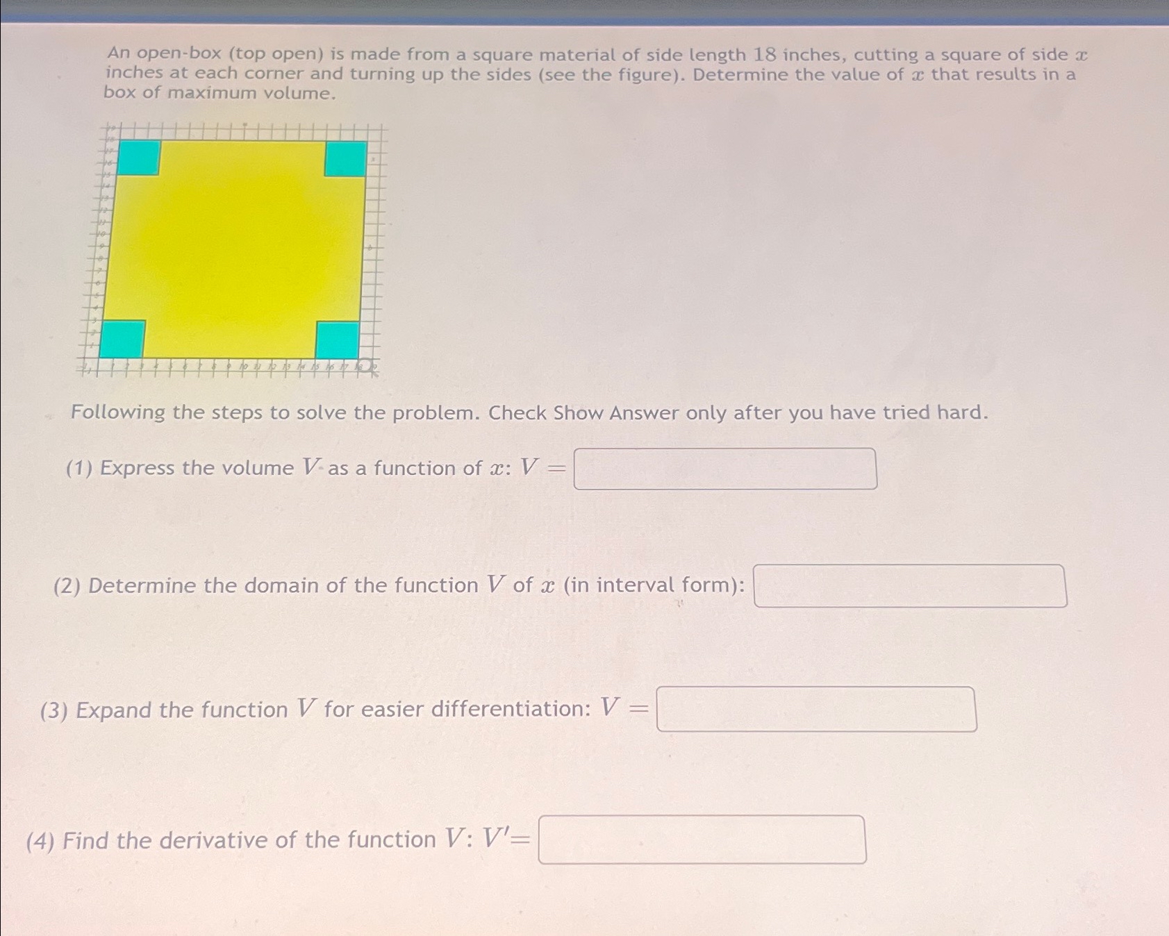 Solved An open-box (top open) ﻿is made from a square | Chegg.com