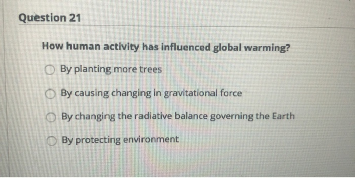 Solved Question 21 How human activity has influenced global | Chegg.com