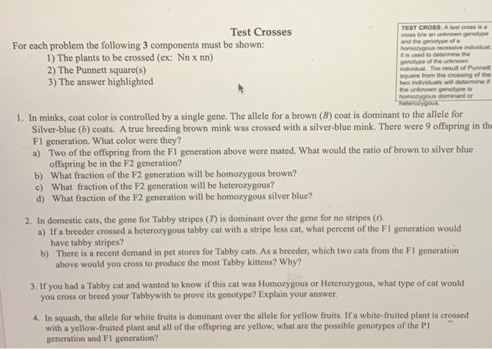Solved Test Crosses For each problem the following 3 | Chegg.com