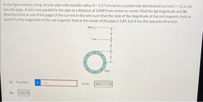 In the figure below, a long circular pipe with outside radius \( R=1.57 \mathrm{~cm} \) carries a (uniformly distributed) cur