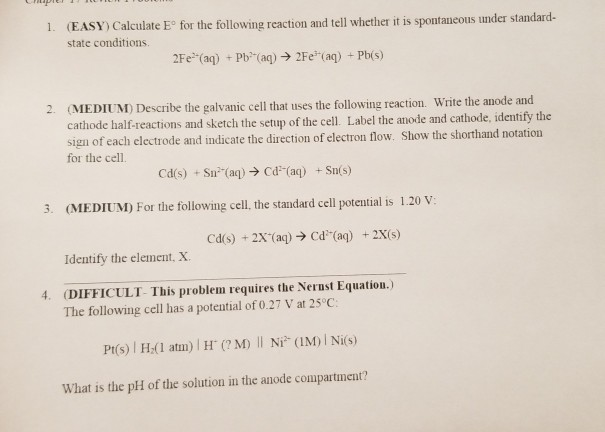 Solved 1 Easy Calculate Eº For The Following Reaction A Chegg Com