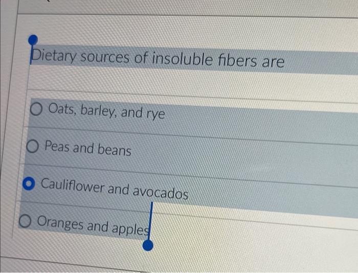 Solved Dietary sources of insoluble fibers are Oats, barley,