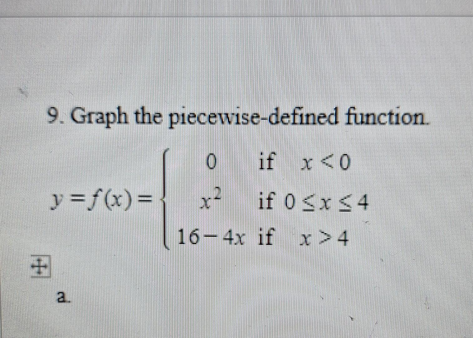 9. Graph the piecewise-defined function. \[ y=f(x)=\left\{\begin{array}{ccc} 0 & \text { if } & x<0 \\ x^{2} & \text { if } &