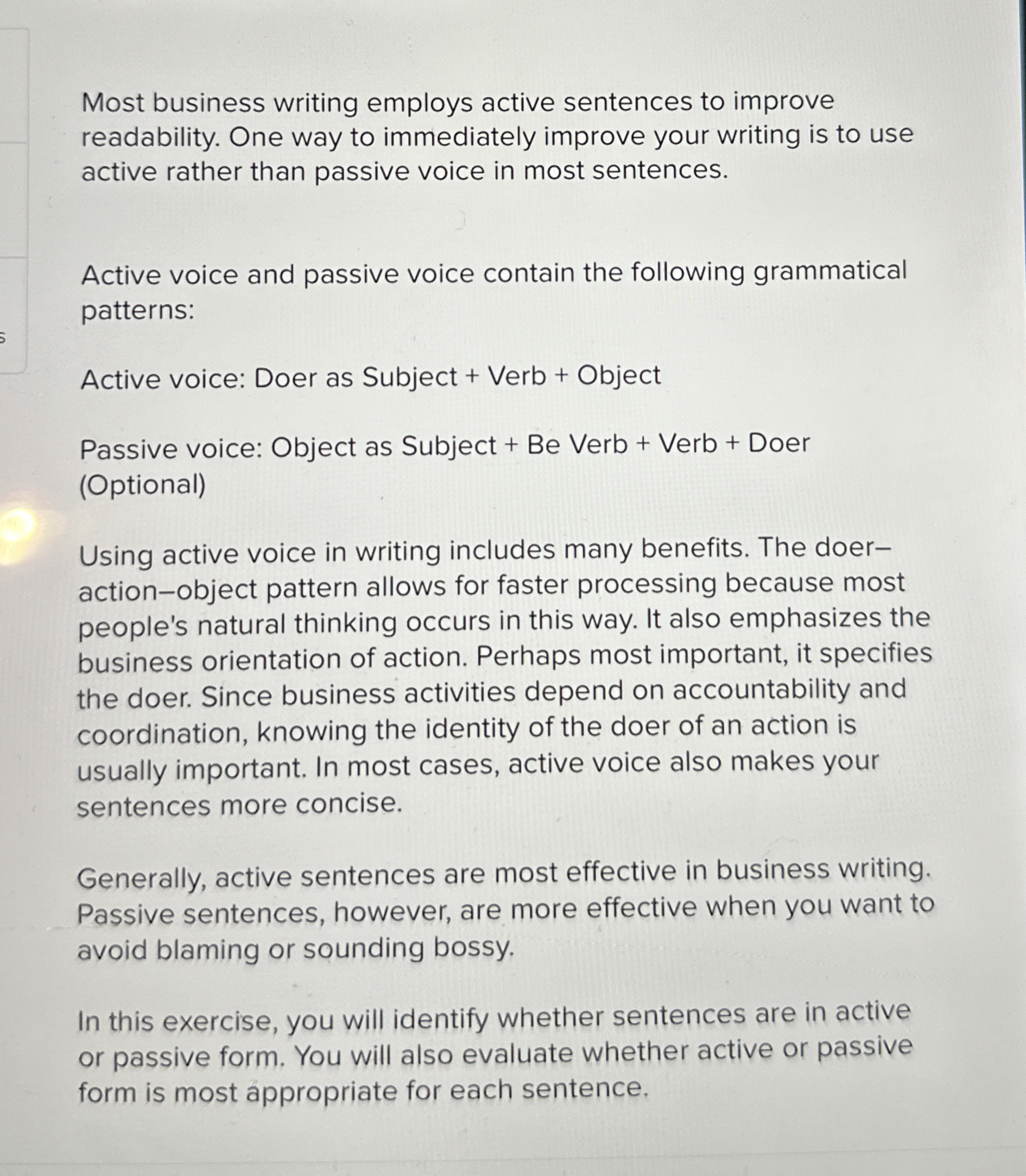 Solved Most business writing employs active sentences to | Chegg.com