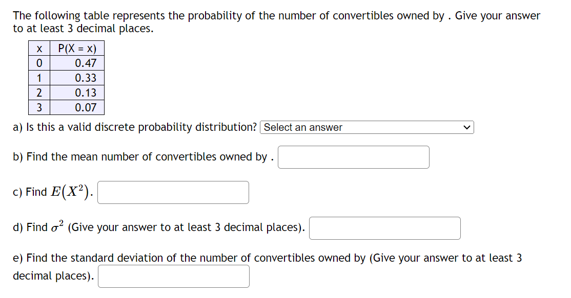 Solved The following table represents the probability of the | Chegg.com