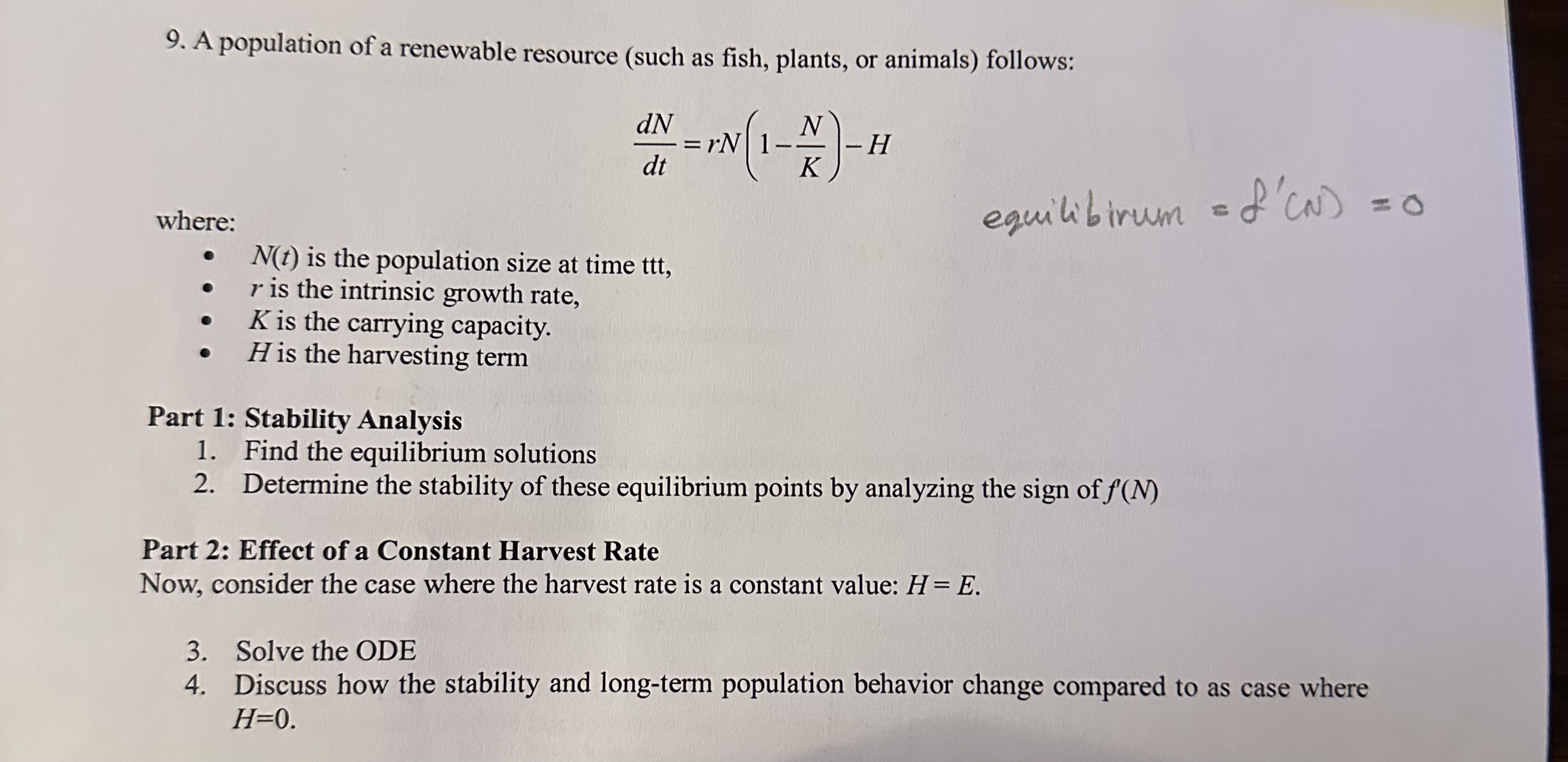 Solved A population of a renewable resource (such as fish, | Chegg.com