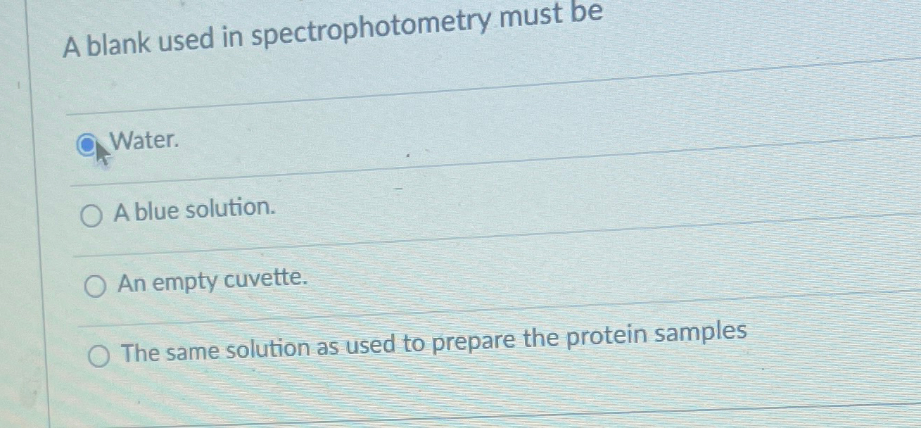 Solved A blank used in spectrophotometry must beWater.A blue