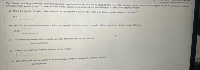 unit will remain vacant for each 5 dallar increase in rent Sim lariy, one addibons unie will be ocn.pied for each 5 dolar ke