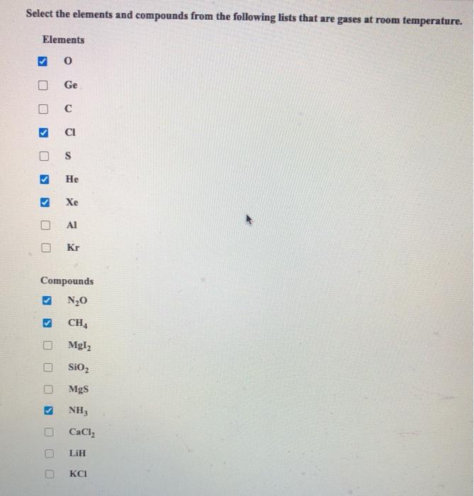 Solved Select the elements and compounds from the following | Chegg.com