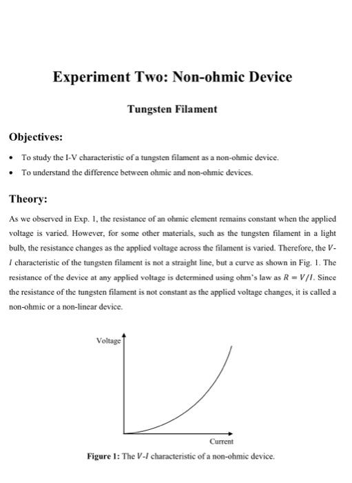 Experiment Two Non Ohmic Device Tungsten Filament Chegg Com