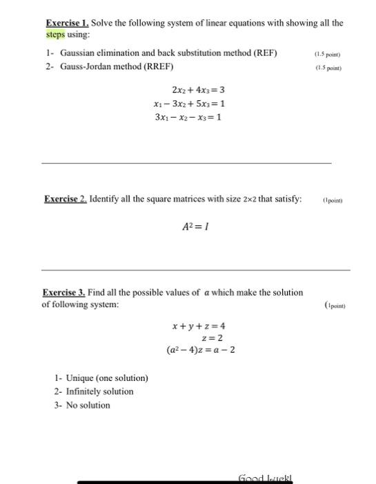 Solved Exercise 1. Solve The Following System Of Linear | Chegg.com