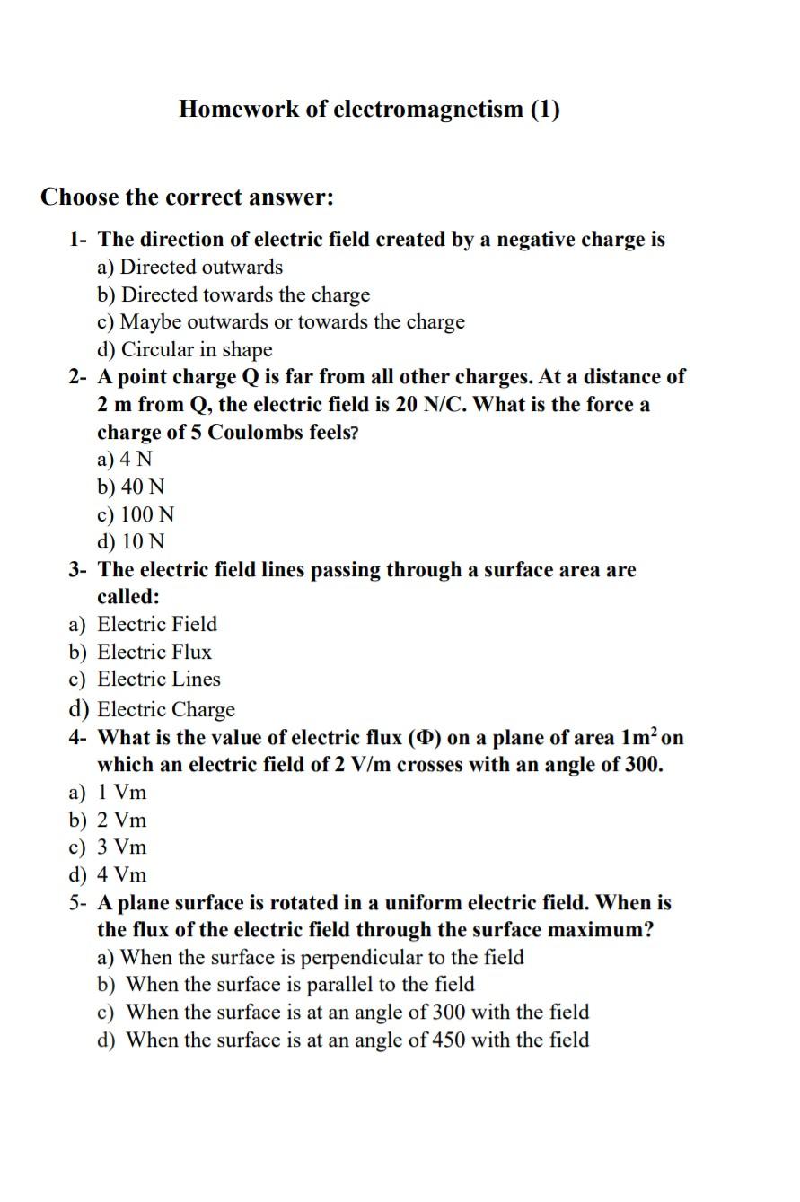 Solved Homework Of Electromagnetism (1) Choose The Correct | Chegg.com