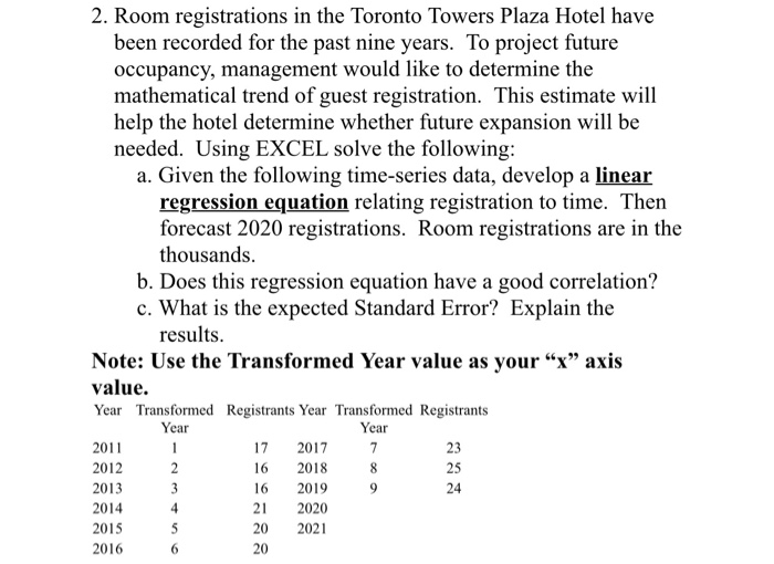 2. room registrations in the toronto towers plaza hotel have been recorded for the past nine years. to project future occupan