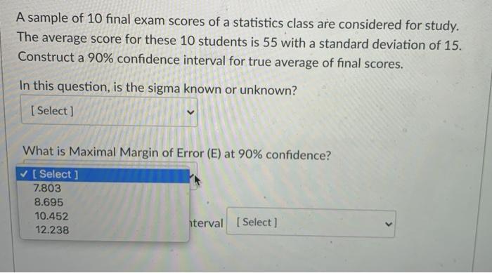 Solved A sample of 10 final exam scores of a statistics | Chegg.com